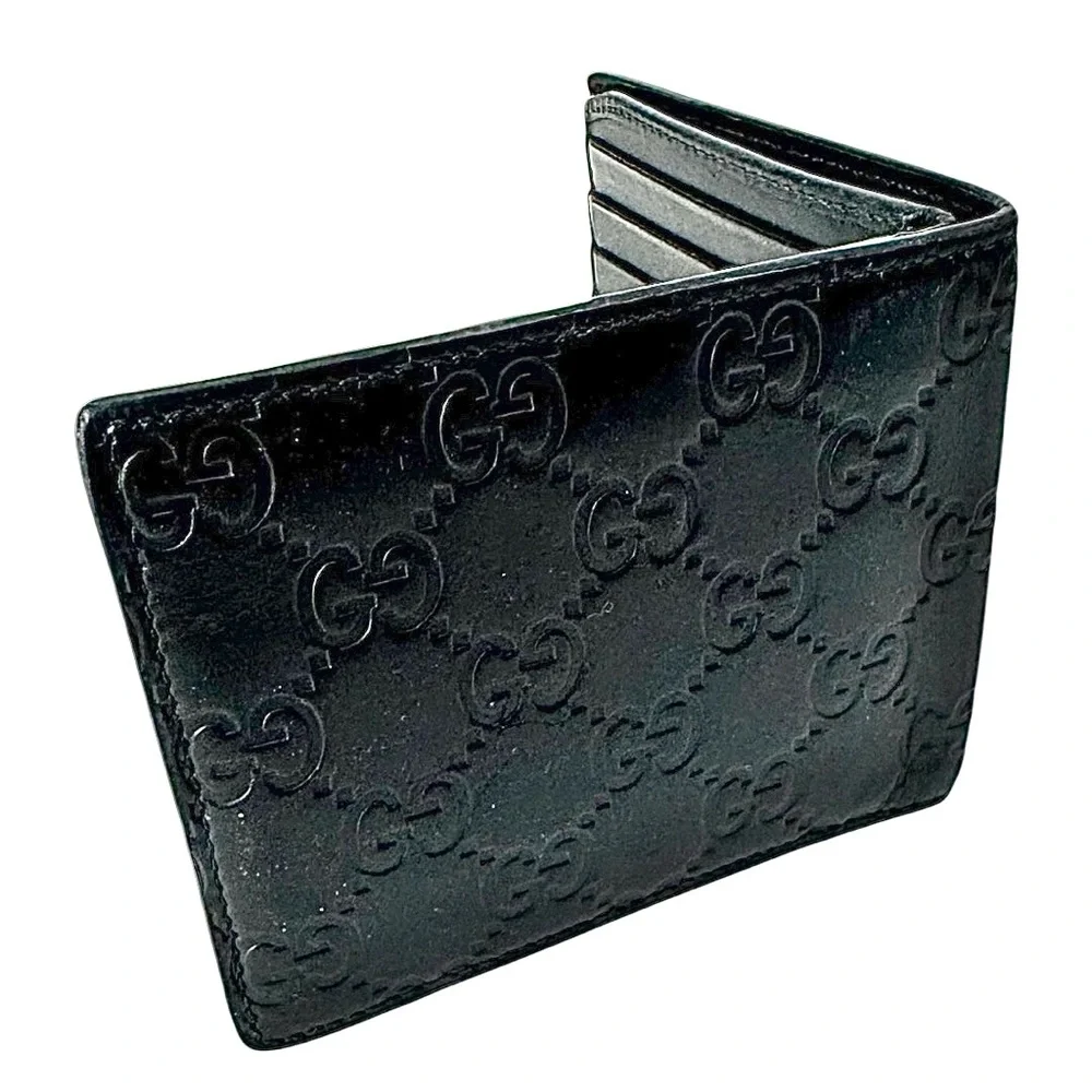 Gucci Black Leather Bifold Wallet GG Logo Silver Hardware Men’s Authentic